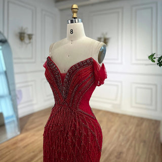 Ships in 2 to 5 Days -2025 Custom Saudi-Style Off-Shoulder Beaded Nude Tulle Mermaid Evening Dress – Formal Occasion Gown