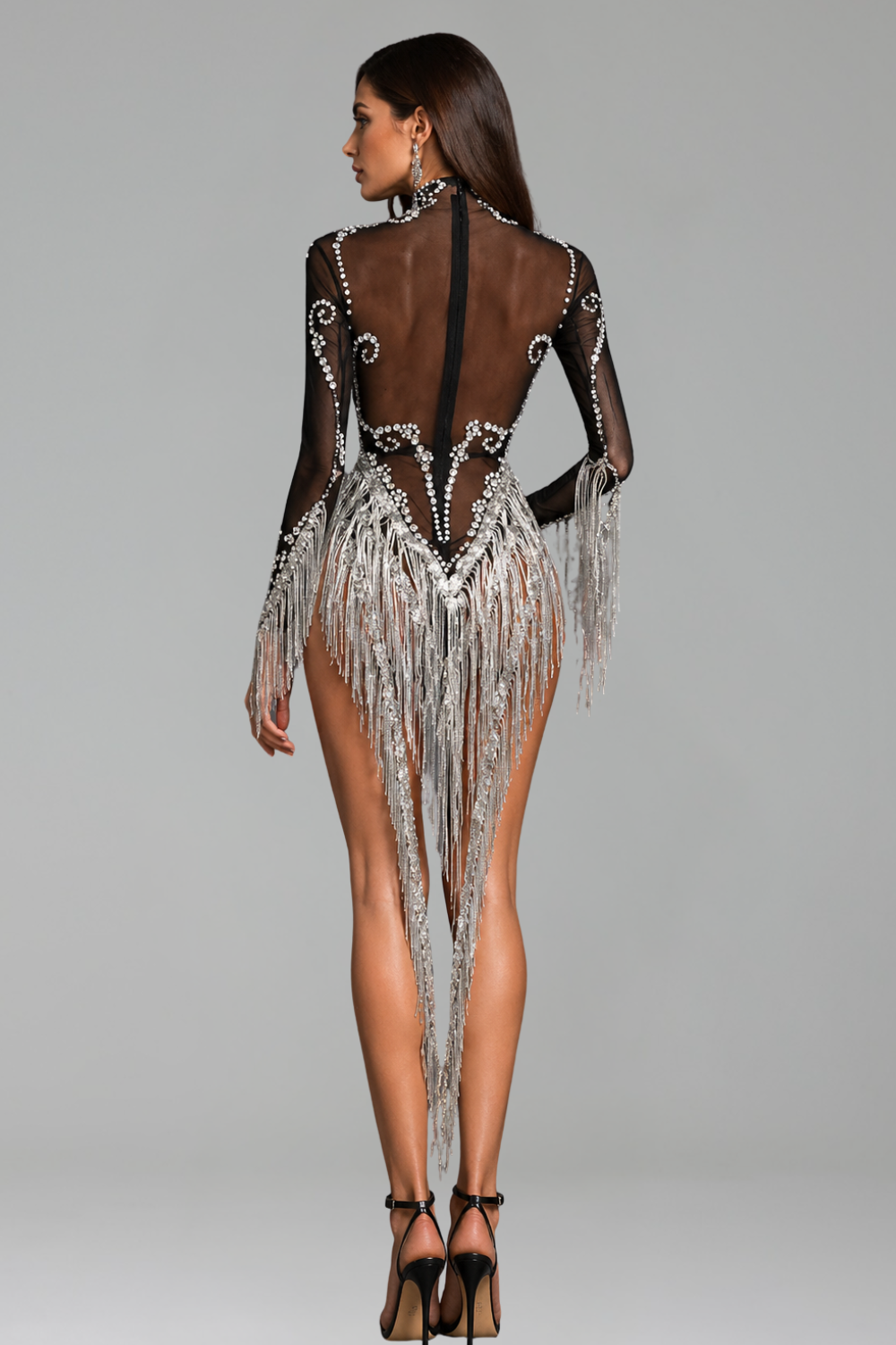 Crystal Swirl Sheer Fringe Bodysuit - LAROSABRIDE