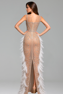 Embellished Illusion Feather Trim Gown - LAROSABRIDE