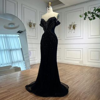 Ships in 2 to 5 Days -2025 Custom Saudi-Style Off-Shoulder Beaded Nude Tulle Mermaid Evening Dress – Formal Occasion Gown