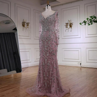 Ships in 2 to 5 Days - Luxury Nude Crystal Beaded Mermaid Evening Gown with Long Sleeves – Designer Formal Dress