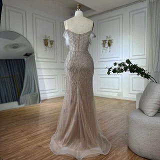 Ships in 2 to 5 Days -2025 Custom Nude Beaded Mermaid Evening Dress – Formal Gown with Feathered Details