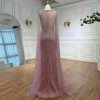 Ships in 2 to 5 Days - Luxury Beige-Pink Beaded Evening Gown – 2025 Formal Dress with Cape Sleeves