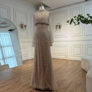 Turquoise Beaded Mermaid Evening Dress with Detachable High-Neck Overlay and Strapless Inner Gown