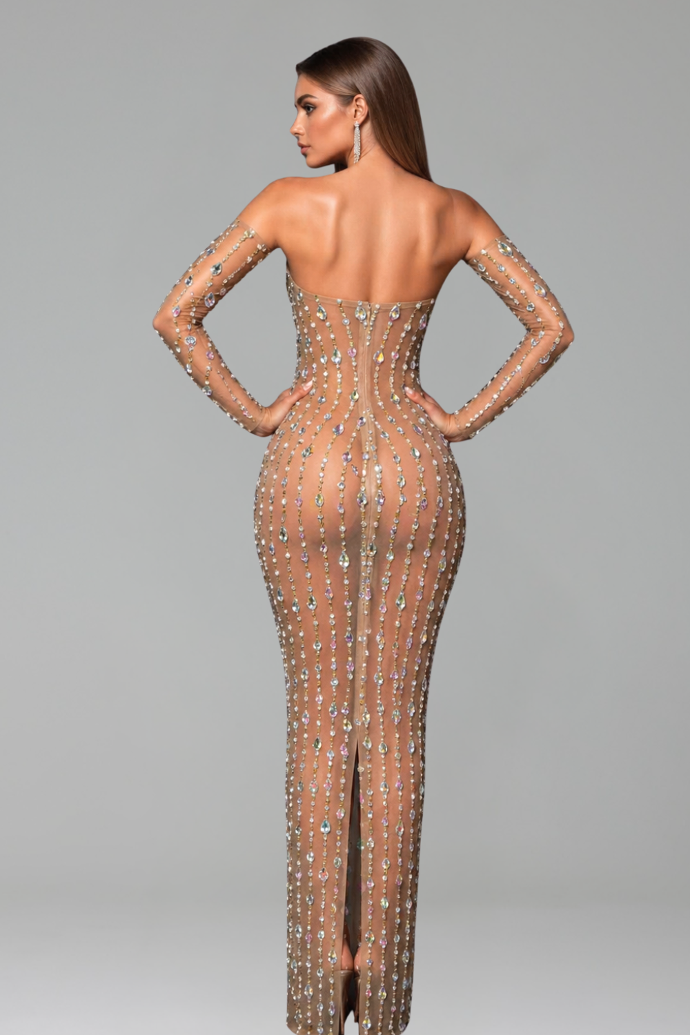 Off-Shoulder Crystal Chain Illusion Gown - LAROSABRIDE