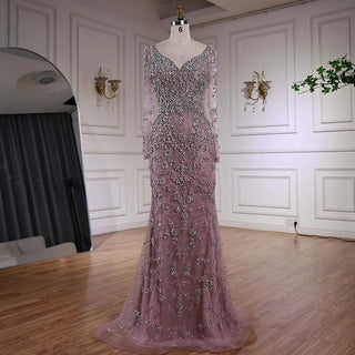 Ships in 2 to 5 Days - Luxury Nude Crystal Beaded Mermaid Evening Gown with Long Sleeves – Designer Formal Dress