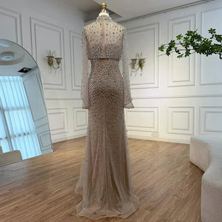 Turquoise Beaded Mermaid Evening Dress with Detachable High-Neck Overlay and Strapless Inner Gown