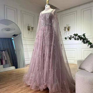 2025 Arabic Nude A-Line Cape Sleeve Crystal Beaded Saudi Evening Dresses Gowns for Formal Occasions