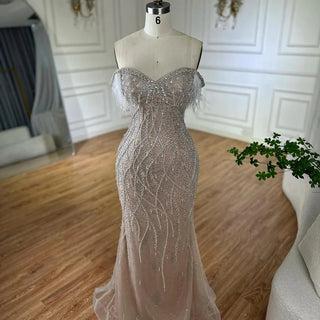 Ships in 2 to 5 Days -2025 Custom Nude Beaded Mermaid Evening Dress – Formal Gown with Feathered Details