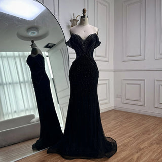 Ships in 2 to 5 Days -2025 Custom Saudi-Style Off-Shoulder Beaded Nude Tulle Mermaid Evening Dress – Formal Occasion Gown