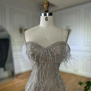 Ships in 2 to 5 Days -2025 Custom Nude Beaded Mermaid Evening Dress – Formal Gown with Feathered Details