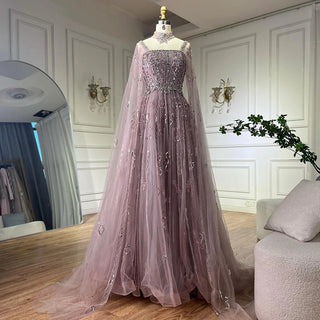 2025 Arabic Nude A-Line Cape Sleeve Crystal Beaded Saudi Evening Dresses Gowns for Formal Occasions