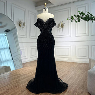 Ships in 2 to 5 Days -2025 Custom Saudi-Style Off-Shoulder Beaded Nude Tulle Mermaid Evening Dress – Formal Occasion Gown