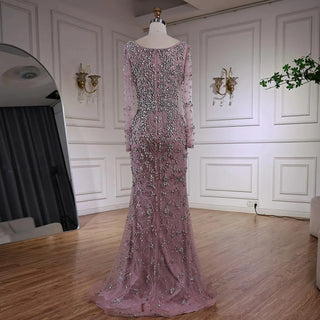 Ships in 2 to 5 Days - Luxury Nude Crystal Beaded Mermaid Evening Gown with Long Sleeves – Designer Formal Dress