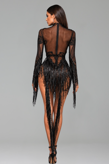 Crystal Swirl Sheer Fringe Bodysuit - LAROSABRIDE