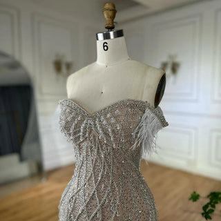 Ships in 2 to 5 Days -2025 Custom Nude Beaded Mermaid Evening Dress – Formal Gown with Feathered Details