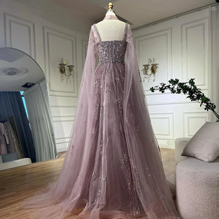 2025 Arabic Nude A-Line Cape Sleeve Crystal Beaded Saudi Evening Dresses Gowns for Formal Occasions