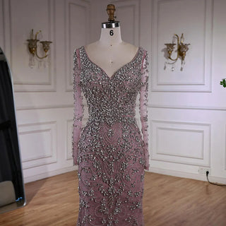 Ships in 2 to 5 Days - Luxury Nude Crystal Beaded Mermaid Evening Gown with Long Sleeves – Designer Formal Dress