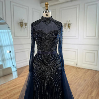 Ships in 2 to 5 Days - Luxury Nude Beaded Arabic-Style Evening Dress – Elegant Gown with Detachable Overskirt