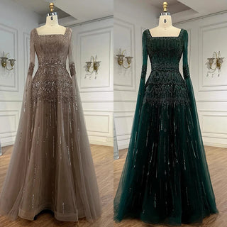 Ships in 2 to 5 Days - Customized Green Beaded A-Line Evening Dress with Cape – Formal Occasion Gown