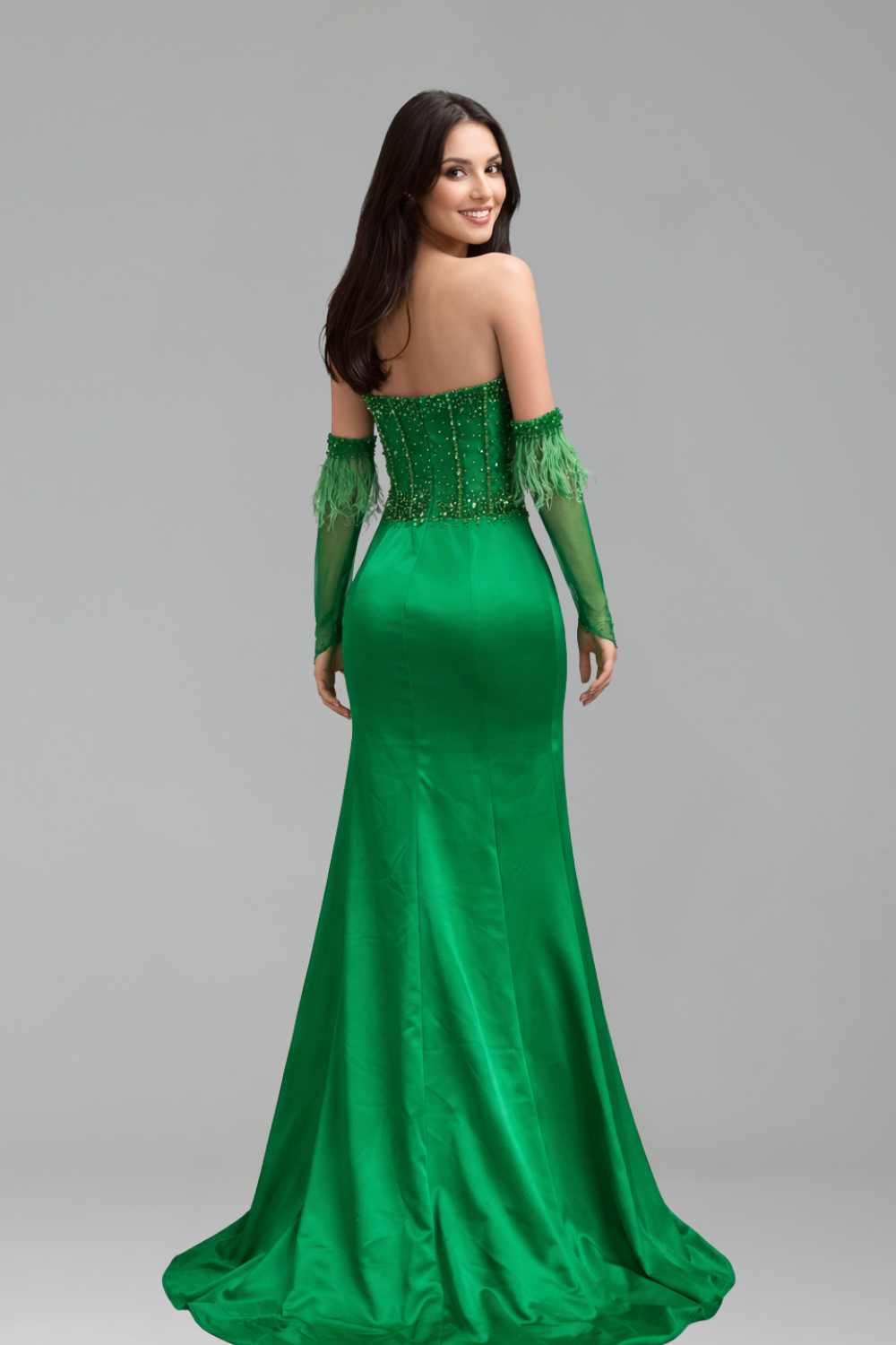 Beaded Strapless Split Sleeve Gown - LAROSABRIDE