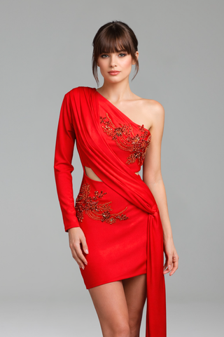Draped One Sleeve Mini Dress - LAROSABRIDE