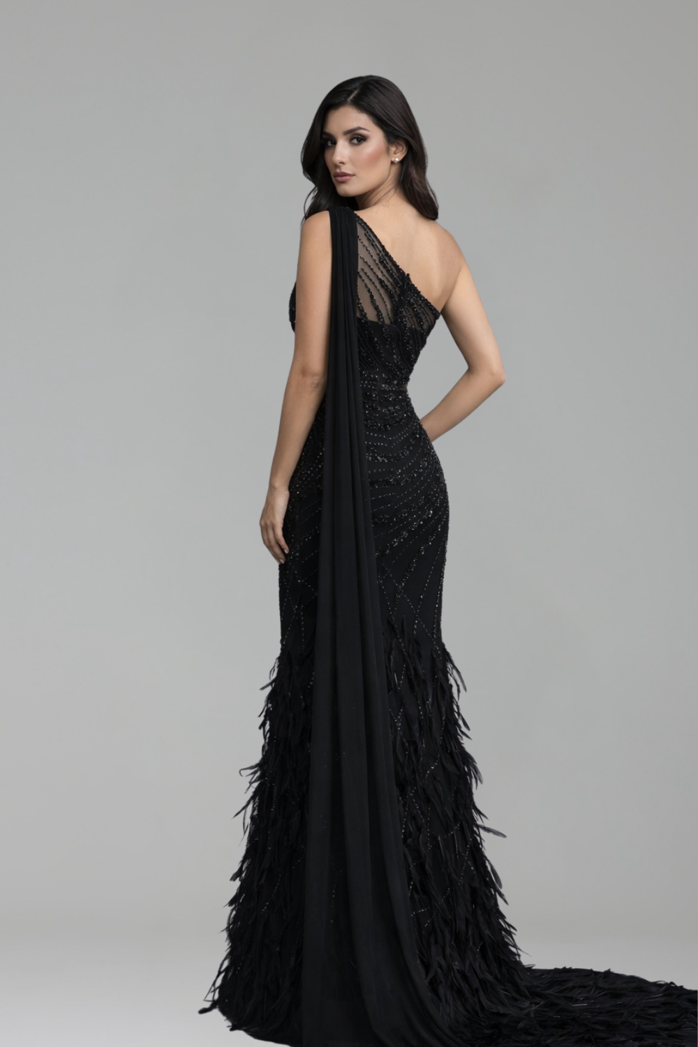 Feather One-Shoulder Mermaid Gown-Larosabride