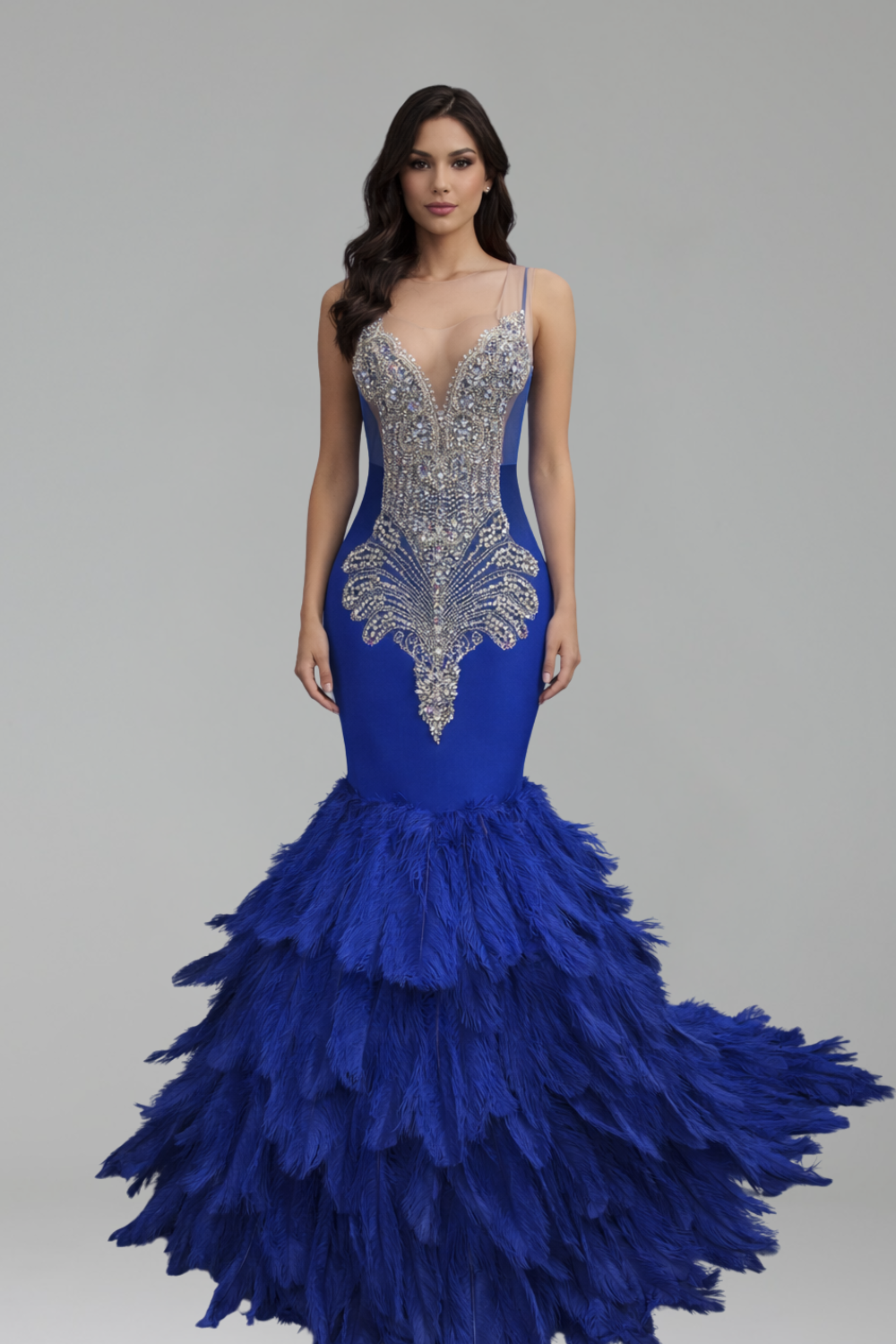 Beaded Feather Mermaid Evening Dress - LAROSABRIDE