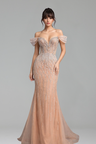 Off-Shoulder Beaded Tassel Gown