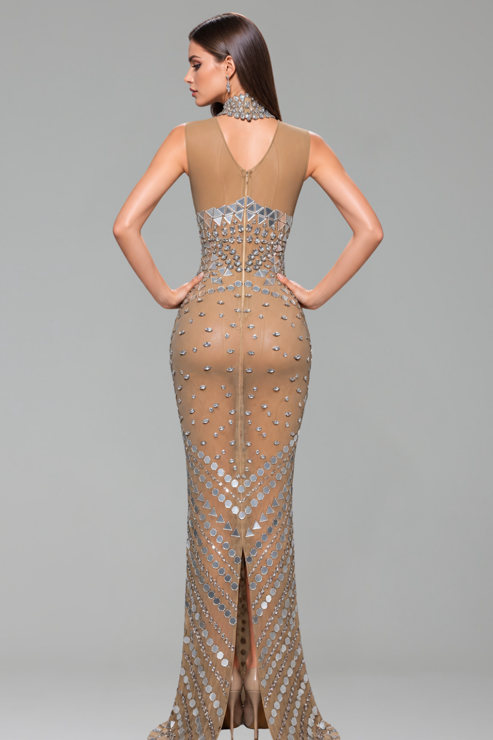 Geometric Mirror Embellished Sheer Gown - LAROSABRIDE