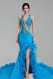 Beaded Illusion Mermaid Ruffle Gown - LAROSABRIDE