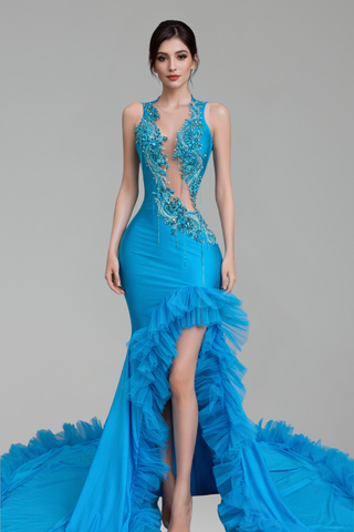 Beaded Illusion Mermaid Ruffle Gown - LAROSABRIDE
