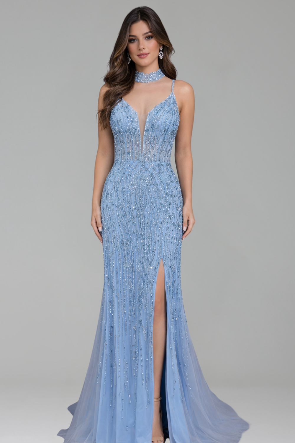 Spaghetti Beaded Split Mermaid Dress - LAROSABRIDE