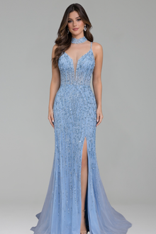 Spaghetti Beaded Split Mermaid Dress - LAROSABRIDE
