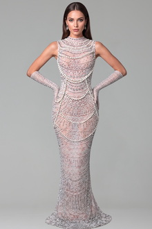 High Neck Pearl Embellished Gown - LAROSABRIDE