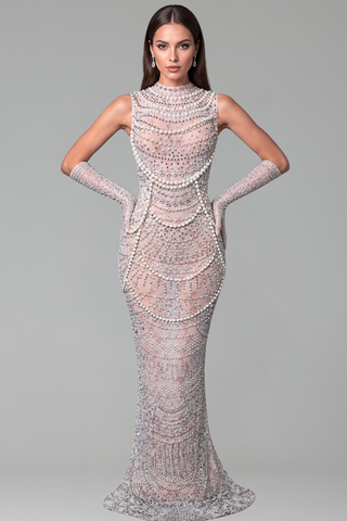 High Neck Pearl Embellished Gown - LAROSABRIDE