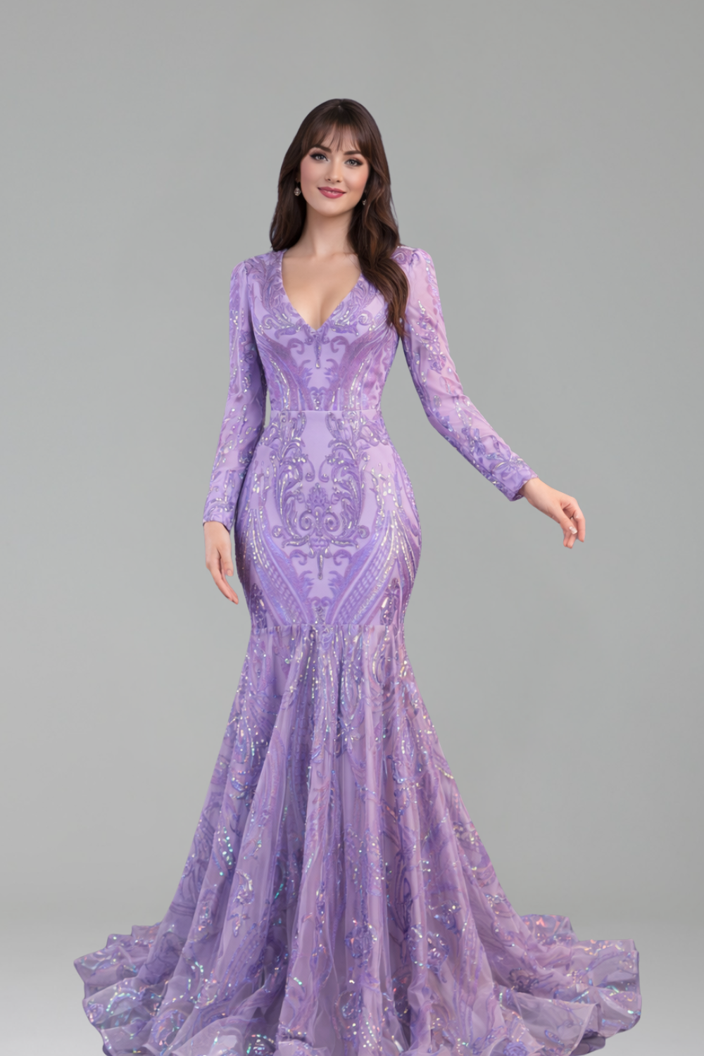 V-Neck Long Sleeve Mermaid Dress - LAROSABRIDE