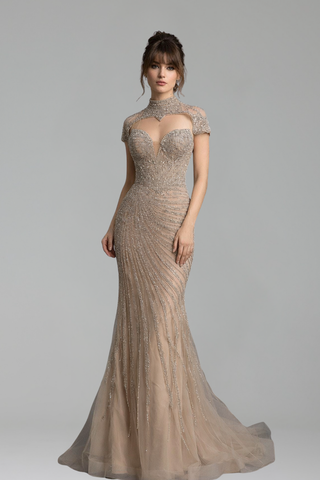 Beaded High Neck Mermaid Dress - LAROSABRIDE