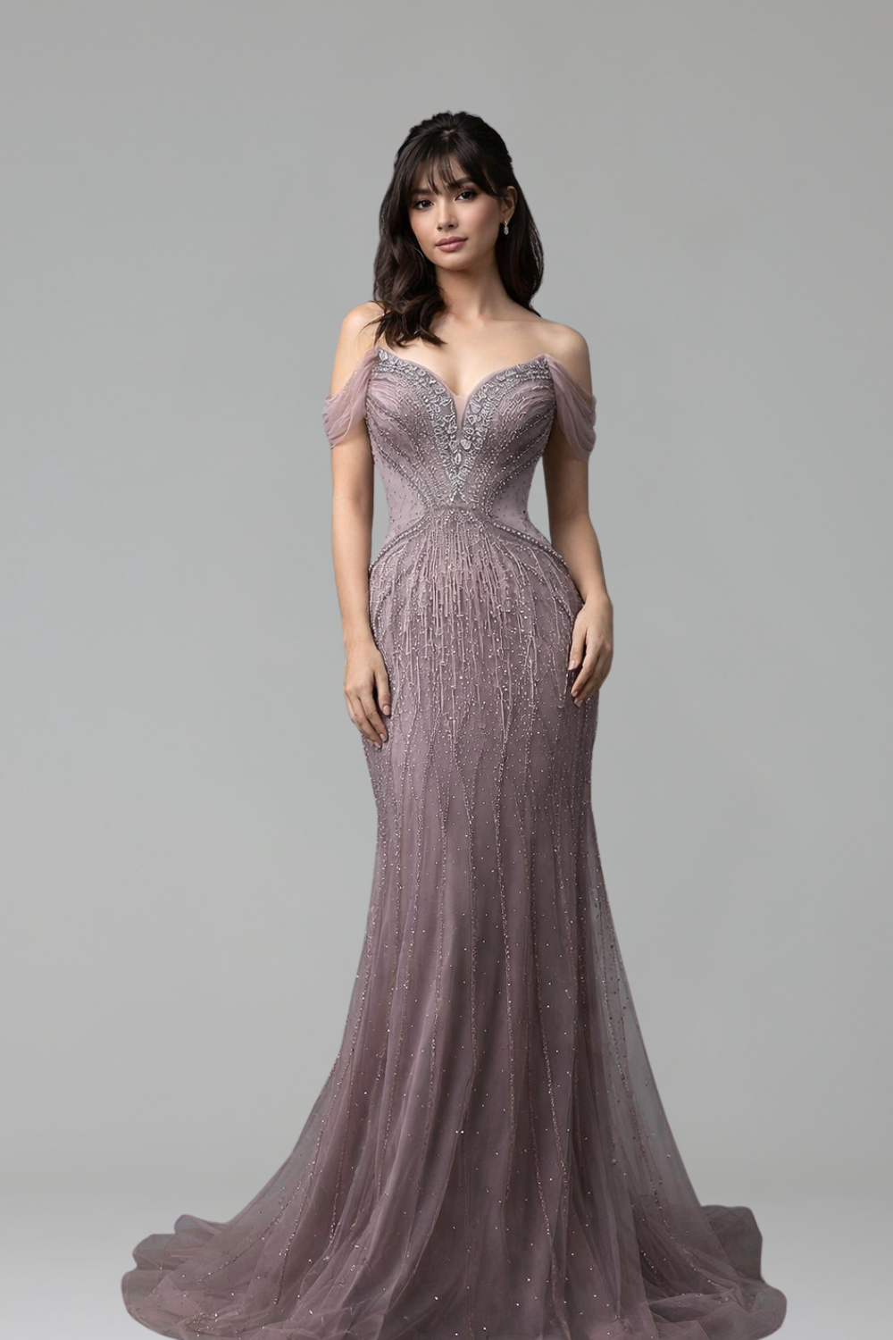 Off-Shoulder Beaded Tulle Mermaid Gown - LAROSABRIDE