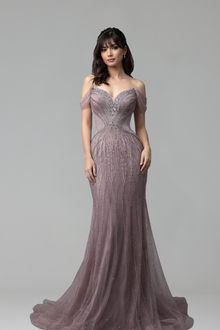 Off-Shoulder Beaded Tulle Mermaid Gown - LAROSABRIDE