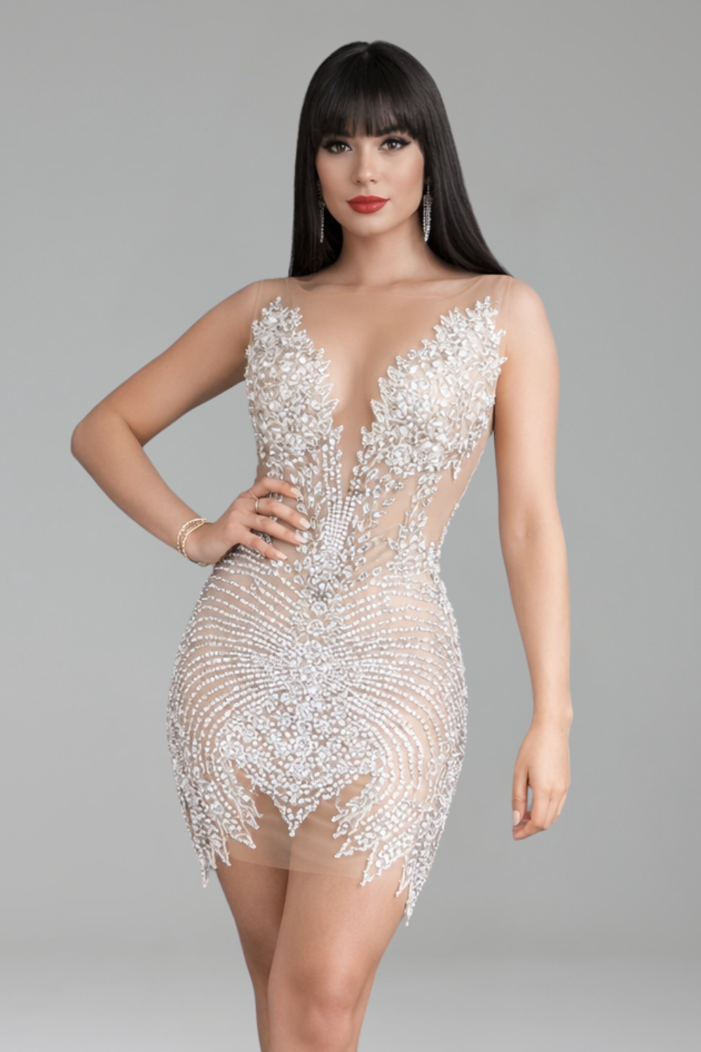 Sheer Embellished Mini Dress - LAROSABRIDE