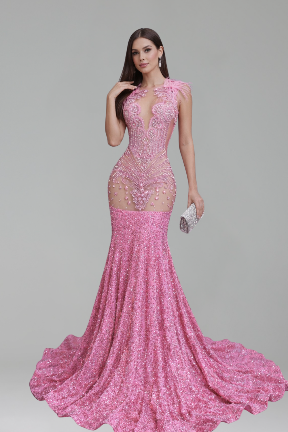 Feathered Illusion Embellished Mermaid Gown - LAROSABRIDE