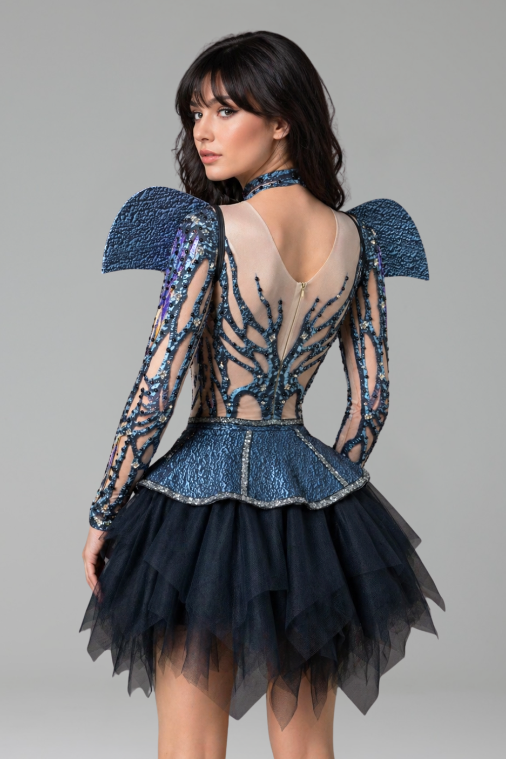 Embellished Armor Shoulder Tulle Mini Dress - LAROSABRIDE