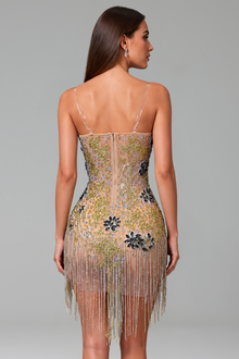 Sheer Embellished Fringe Deep V Dress - LAROSABRIDE