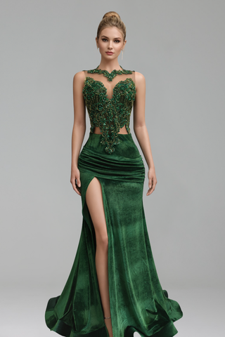 Beaded Slit Velvet Evening Gown - LAROSABRIDE