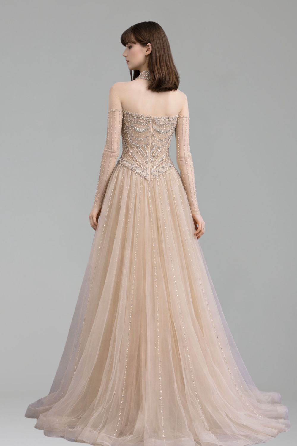 Crystal Beaded Long Sleeve Dress - LAROSABRIDE