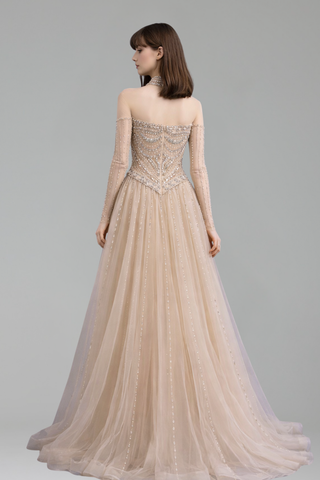 Crystal Beaded Long Sleeve Dress - LAROSABRIDE
