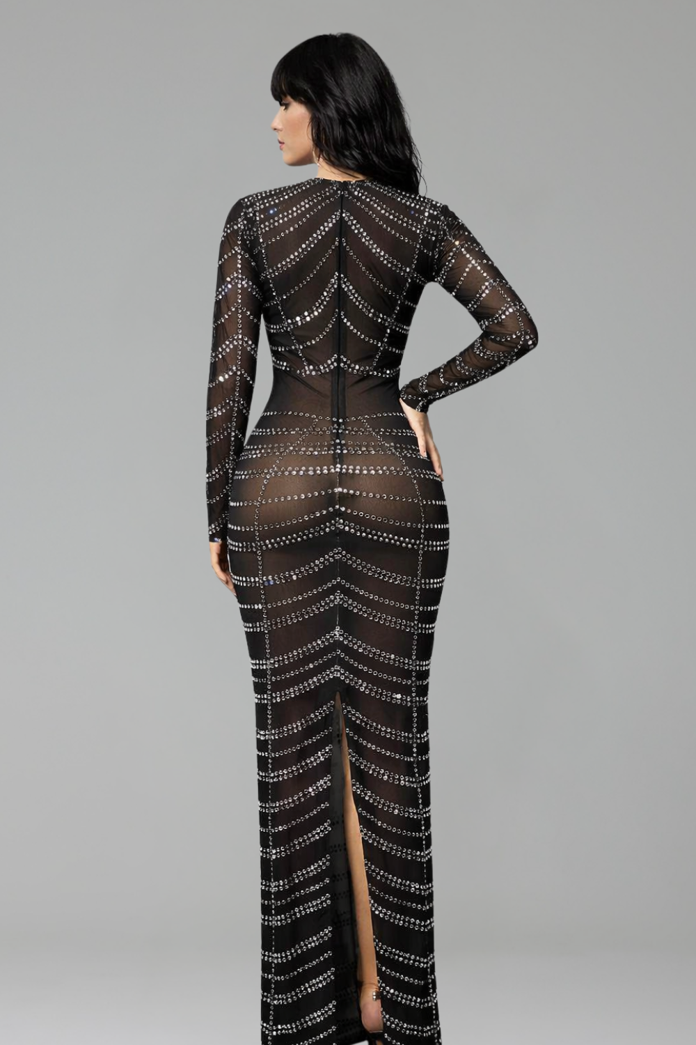 Sheer Crystal Embellished Long Sleeve Gown - LAROSABRIDE