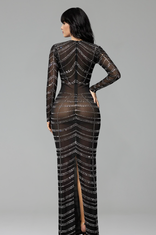 Sheer Crystal Embellished Long Sleeve Gown
