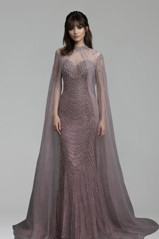 Beaded Cape Sleeve Gown